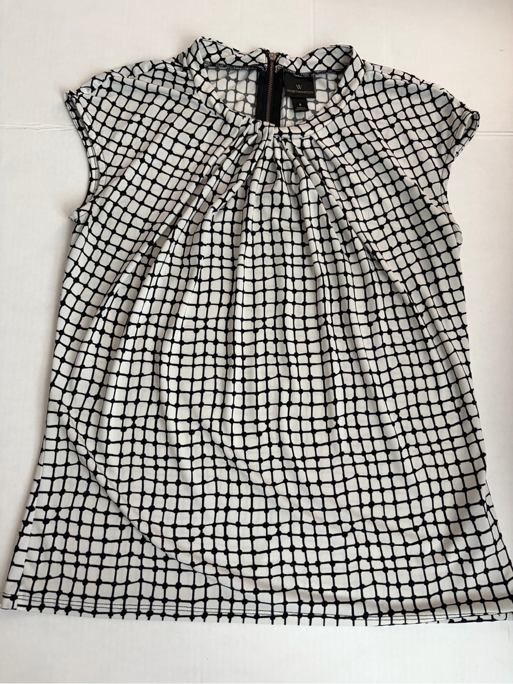 Worthington Black & White Grid Cap-Sleeve Blouse